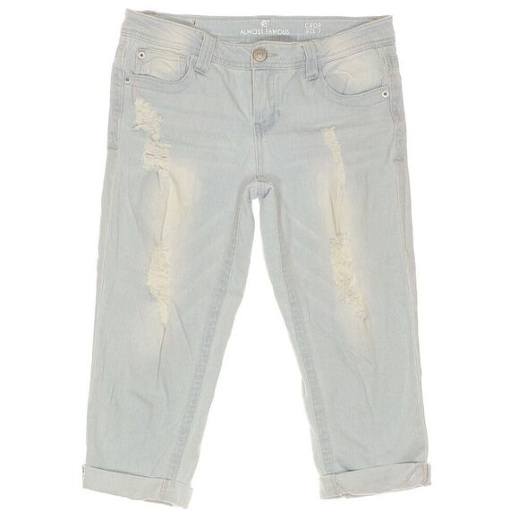 Almost Famous Crop Jeans Size 7 Juniors Roll Cuff Distressed Blue Measures 30x18 - Picture 1 of 10